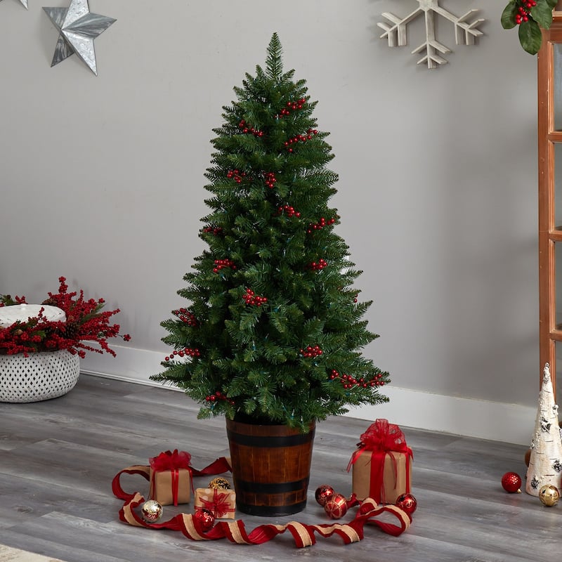 5Ft Pre-Lit Christmas Tree with Lights & Berries - Holiday Decor, Festive Tree, Indoor Xmas Tree - Green - 60
