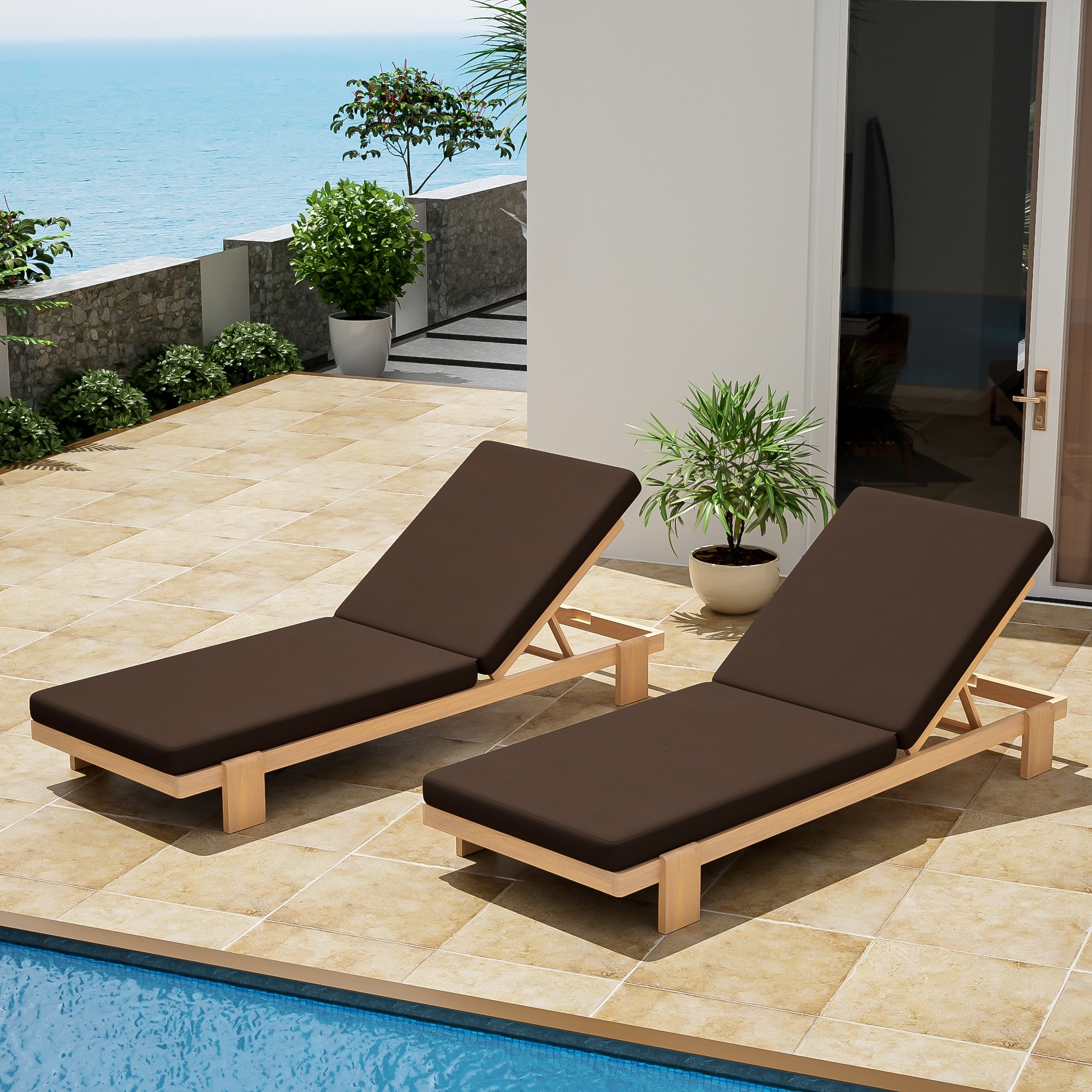 Christopher Knight Home - Iran Outdoor Patio Chaise Lounge Set, Acacia Wood 6-Position Adjustable Back & Water-Resistant Cushion