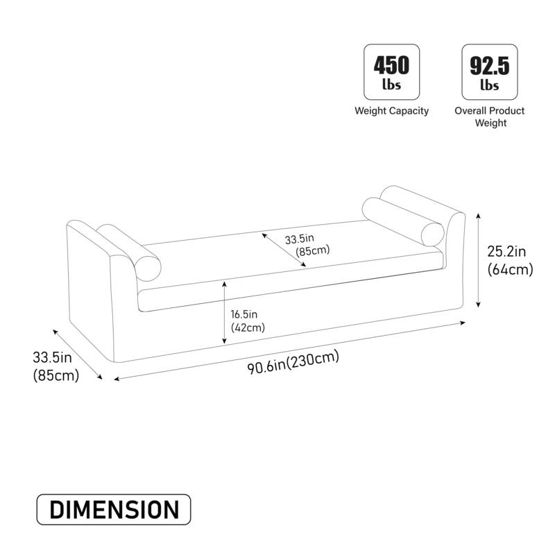 90.55" Wide Modern Bench,Window-side Bench with Armrests,Chenille Chaise Lounge Couch with 2 Bolster Pillows