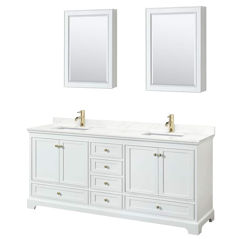 Deborah 80-inch Double Vanity, Quartz Top, Medicine Cabinets - White, Gold Trim, Giotto Quartz Top