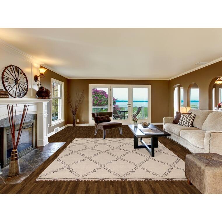 All-Over Trellis Ivory Moroccan Area Rug Handmade Wool Carpet - 7'11"x 11'0"