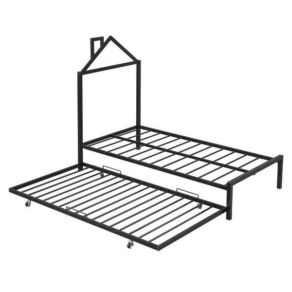 slide 2 of 14, Twin Metal Platform Bed with Trundle & House-Shaped Headboard, Black Black - Twin