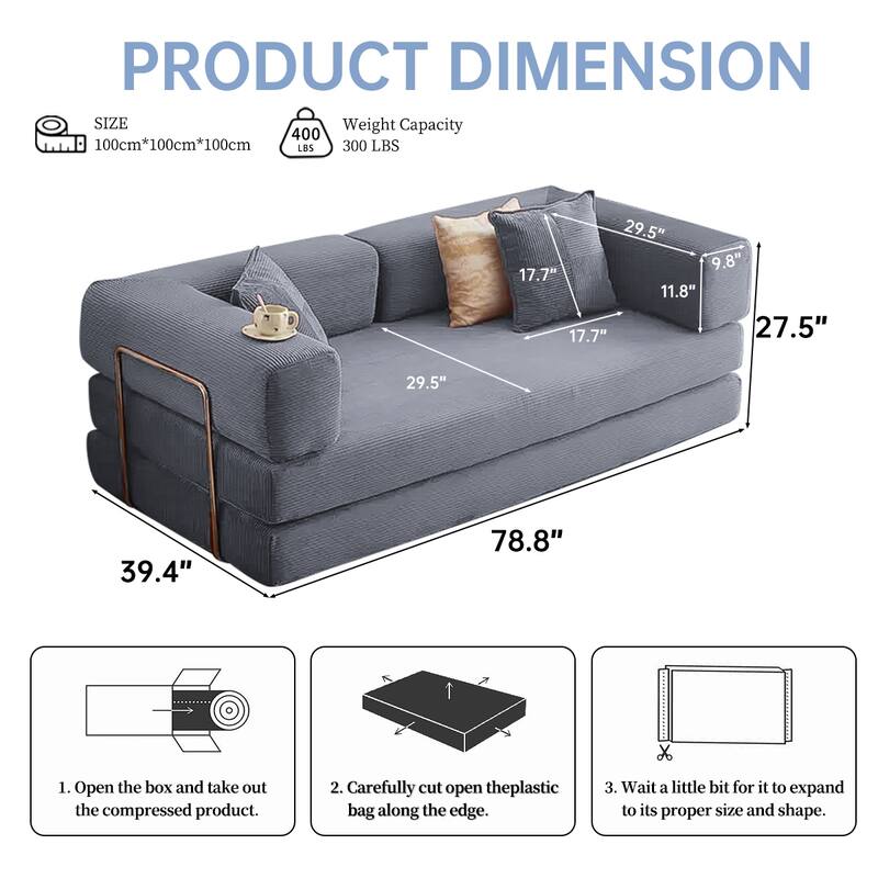2-in-1 Convertible Modular Sofa Bed, Memory Foam Mattress, No Assembly, Space-Saving for Living Room, Bedroom