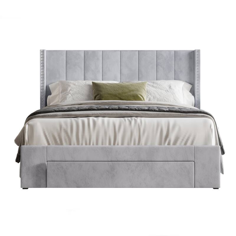 CraftPorch Velvet Wingback Tufted Upholstered Platform Storage Bed - Silver Grey - Twin