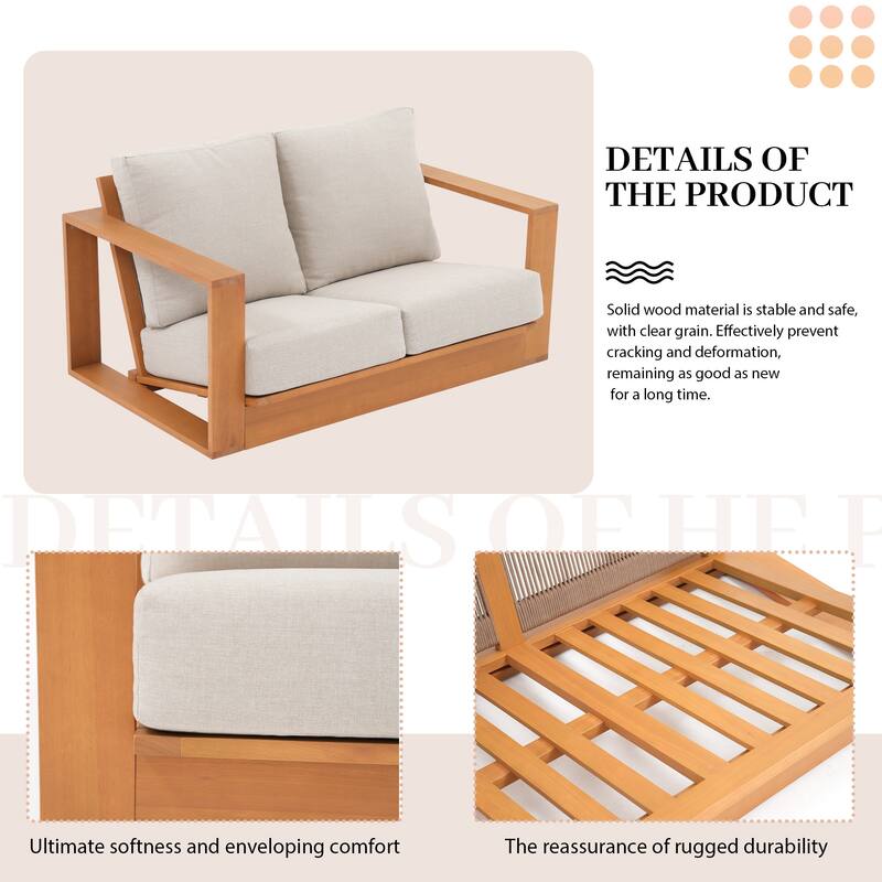 Outdoor Conversation Set 4-Piece Eucalyptus Wood Sofa Weather‑resistant Rope Weave Loveseat with Coffee Table