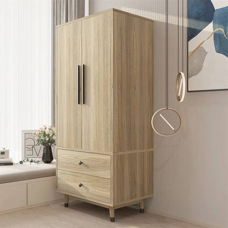 Oak MDF 2 Door Wardrobe with Hanging Rod and Shelves Compact Durable Bedroom Storage Unit - 71'' H X 32'' W X 21'' D - Oak