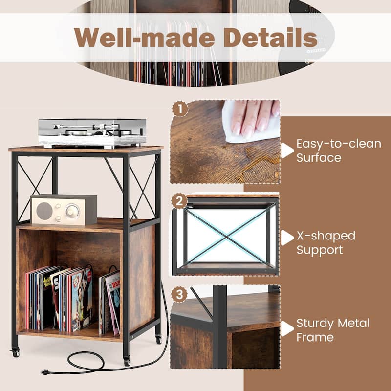 Record Player Stand w/Charging Station Storage Side Table on Wheels