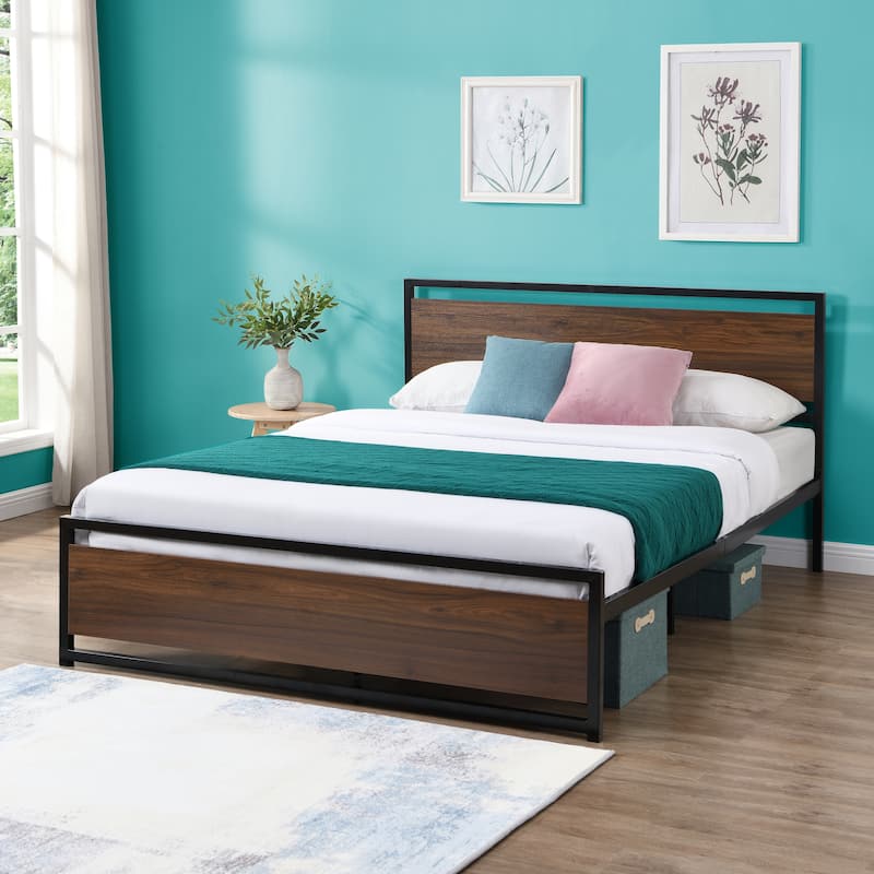 Platform Queen Bed Frame/Mattress Foundation with Rustic Headboard and Footboard, No Box Spring