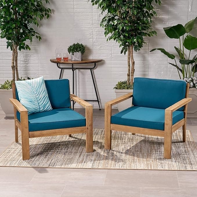 Roomfitters Outdoor Club Chairs with Wooden Frame and Bright Cushions, Patio Seating for Balcony or Garden, Set of 2 - Teal