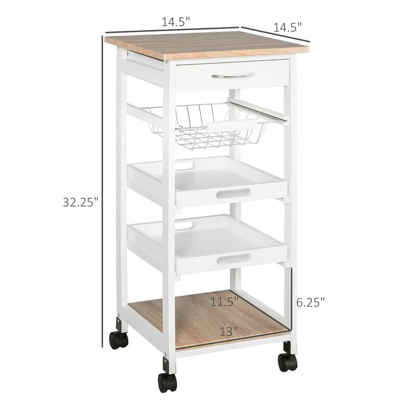 HOMCOM Mobile Rolling Kitchen Island Trolley Serving Cart with Underneath Drawer & Slide-Out Wire Storage Basket