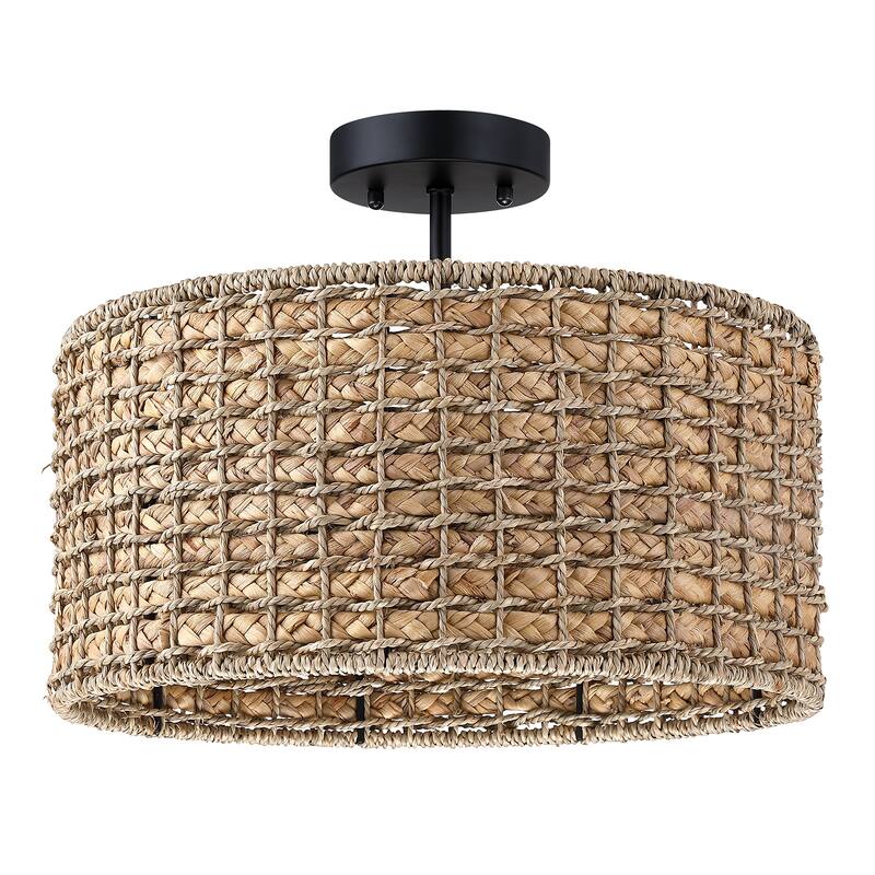 3-Light Rattan Drum Semi-Flush Mount Ceiling Light - 16'' W