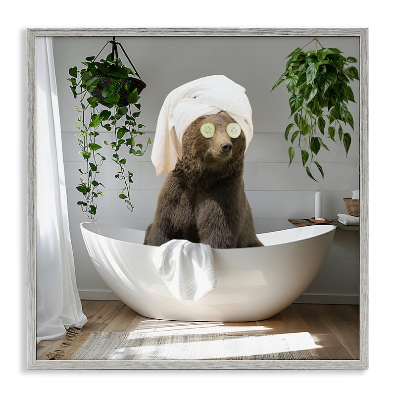Stupell Bear in Refreshing Spa Bath Framed Giclee Art Design By CAD Designs - 12 x 12 - Grey