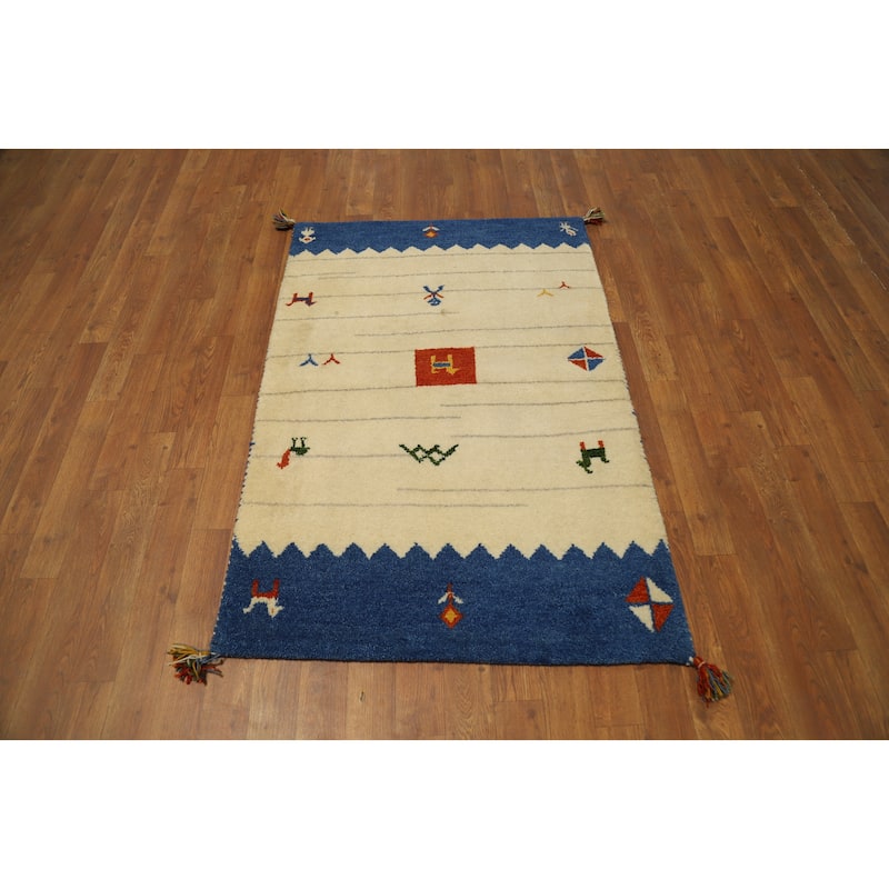 Hand Knotted Oriental 100% Wool Carpet Tribal Geometric Beige & Ivories Gabbeh Area Rug - 4' 2'' X 2' 10''