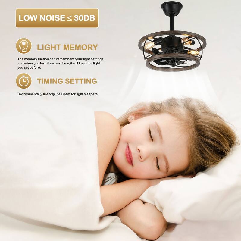 CurveCurio18" Small Farmhouse Ceiling Fan Light 4-Light Solid Wood Shade Quiet Motor w Remote Control Included for Bedroom
