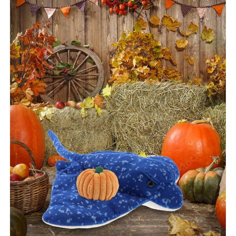 DolliBu Spotted Blue Ray Stuffed Animal with Pumpkin Plush Decor - 17 inches