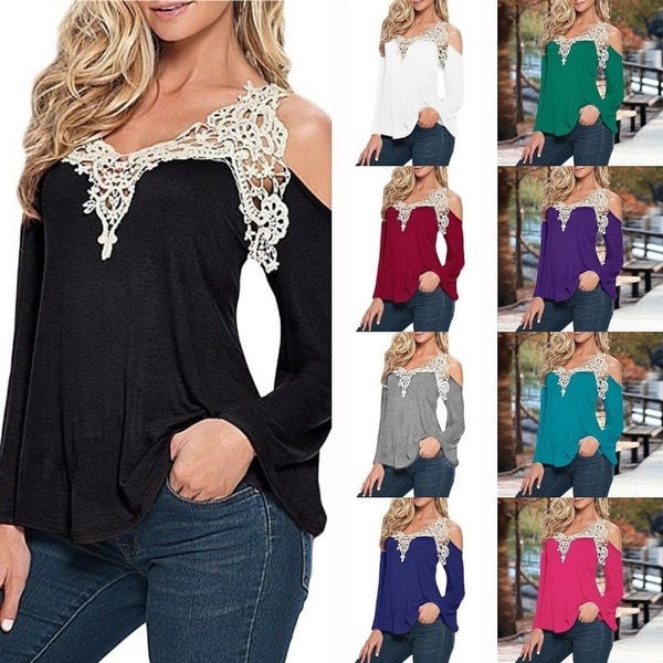 Cold Shoulder Long Sleeve Top With Crochet Neckline in 10 Colors