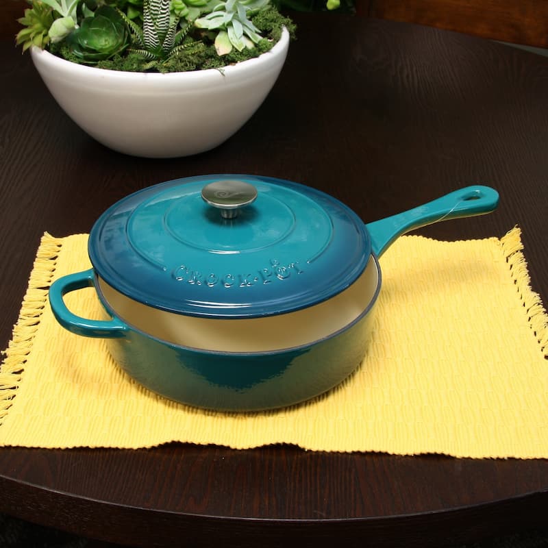 Craftsman 3.5 Quart Enameled Cast Iron Deep Saute Pan Self Basting Lid in Teal