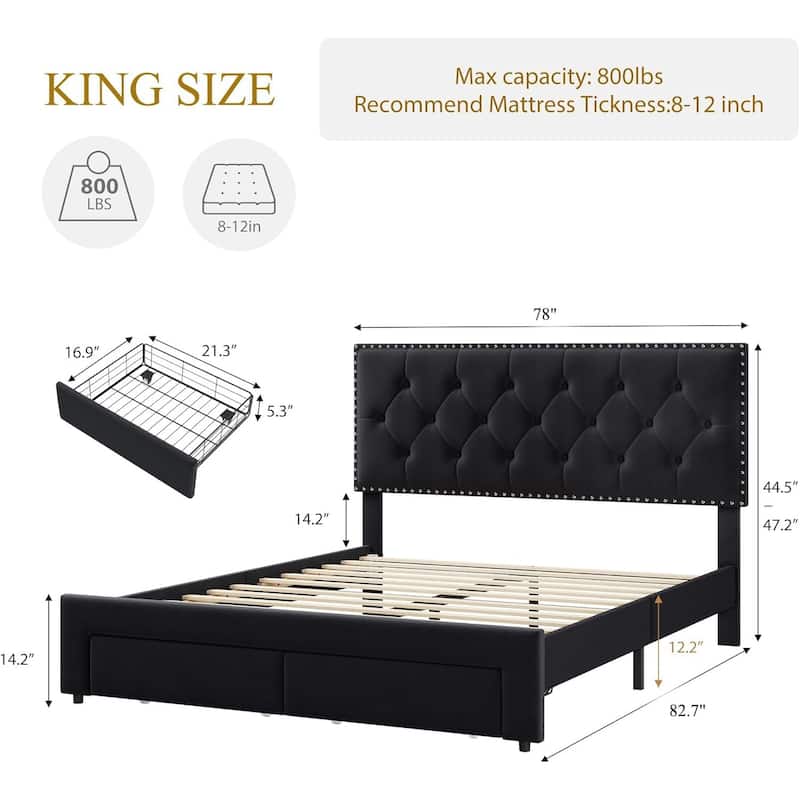 Velvet Upholstered Bed Frame with 2 Drawers, Wingback Tufted Headboard & Wood Slats, Vintage Style