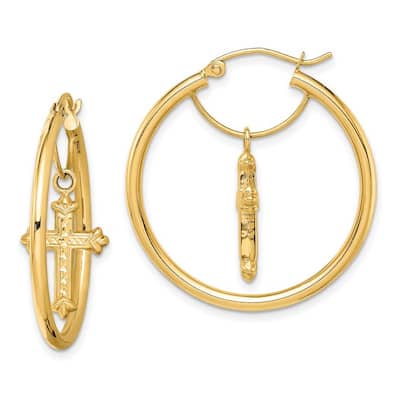 Curata 14k Yellow Gold Cross Dangle Hoop Earrings - 31x29.85mm