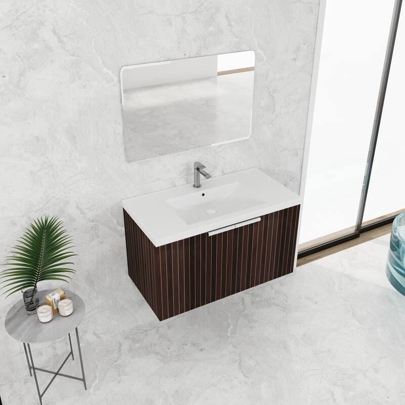 48in Bathroom Vanity with Resin Sink, Soft Close Hinges, 3 Doors, Eco-Friendly Design, Wall-Mounted Floating Cabinet