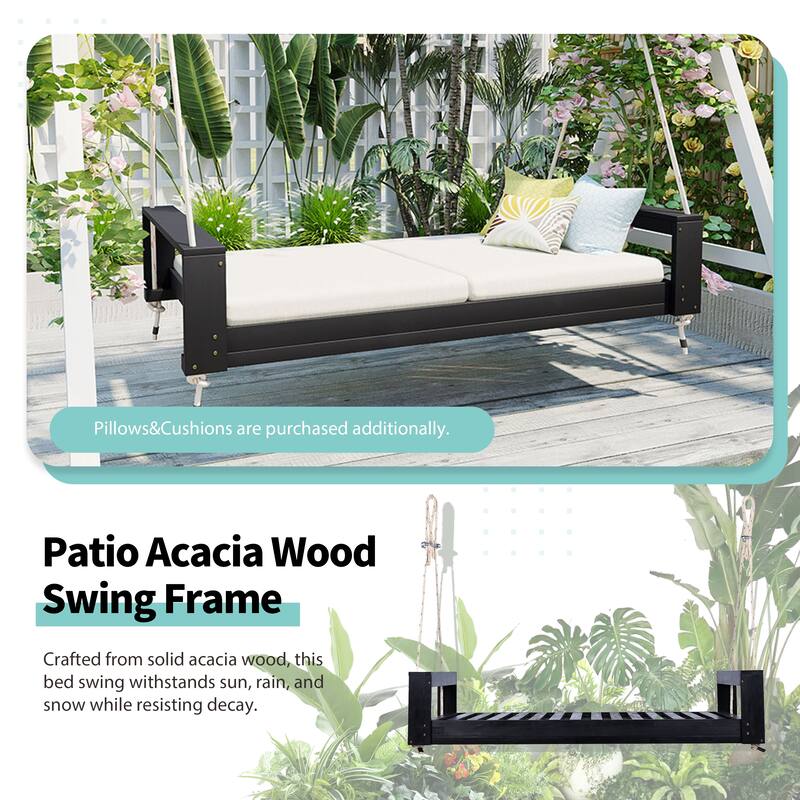Twin Size Porch Swing Bed Seating Group, Patio Acacia Wood Swing Frame with Hemp Ropes for Garden