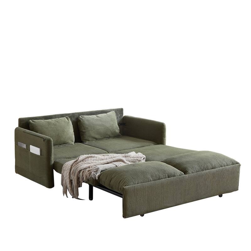 65" Corduroy 2-Seater Sleeper Sofa, 3-in-1 with Storage and Side Pocket