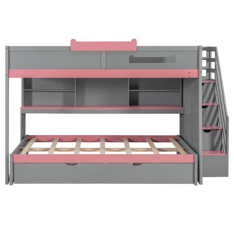 Full Over Full Bunk Bed with Twin Trundle, Staircase, Kids Loft Bed with Storage, LED Lighting, Space-Saving Wood Bed Frame