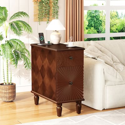 2 Drawer Modern Sofa Side Table, Narrow Side Table, Slim Nightstand for Living Room, Bedroom