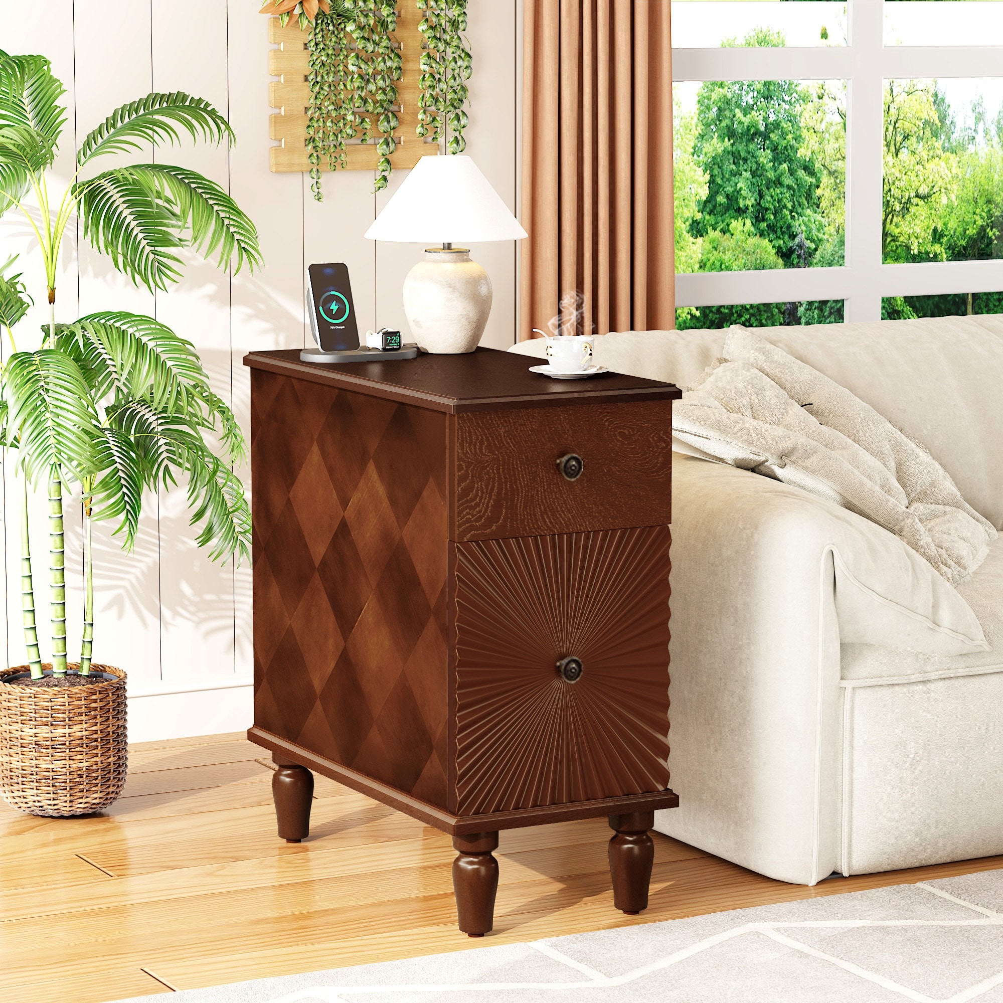23.6" Walnut End Table with Spacious Drawers - 23.6"x 11.8" x 24''