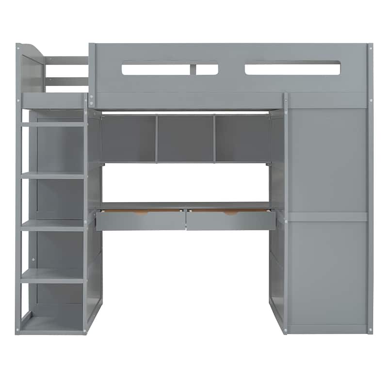 Full/Twin Size Loft Bed with Desk, Wardrobes, 4 Drawers and 4 Shelves