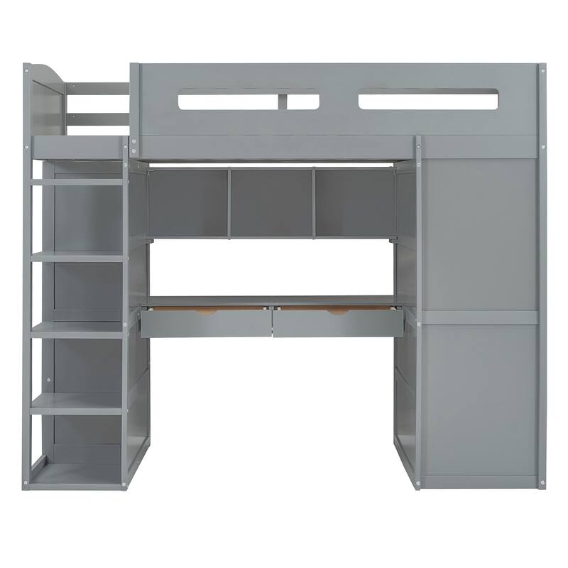 Twin Size Solid Wood Loft Bed with Desk, Wardrobes & Drawers