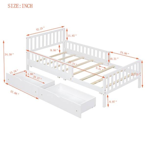 Wood Platform Bed with 3 Guardrails and 2 Drawers