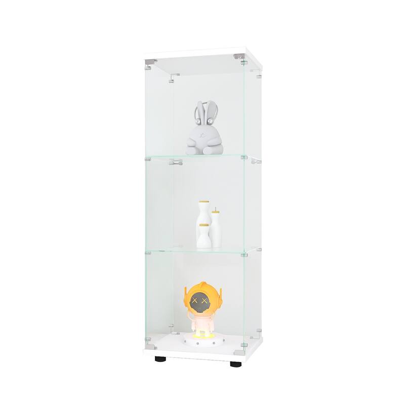 One-Door Glass Display Cabinet with 3 Shelves, Floor Standing Curio Bookshelf with Tempered Glass for Living Room Bedroom Office