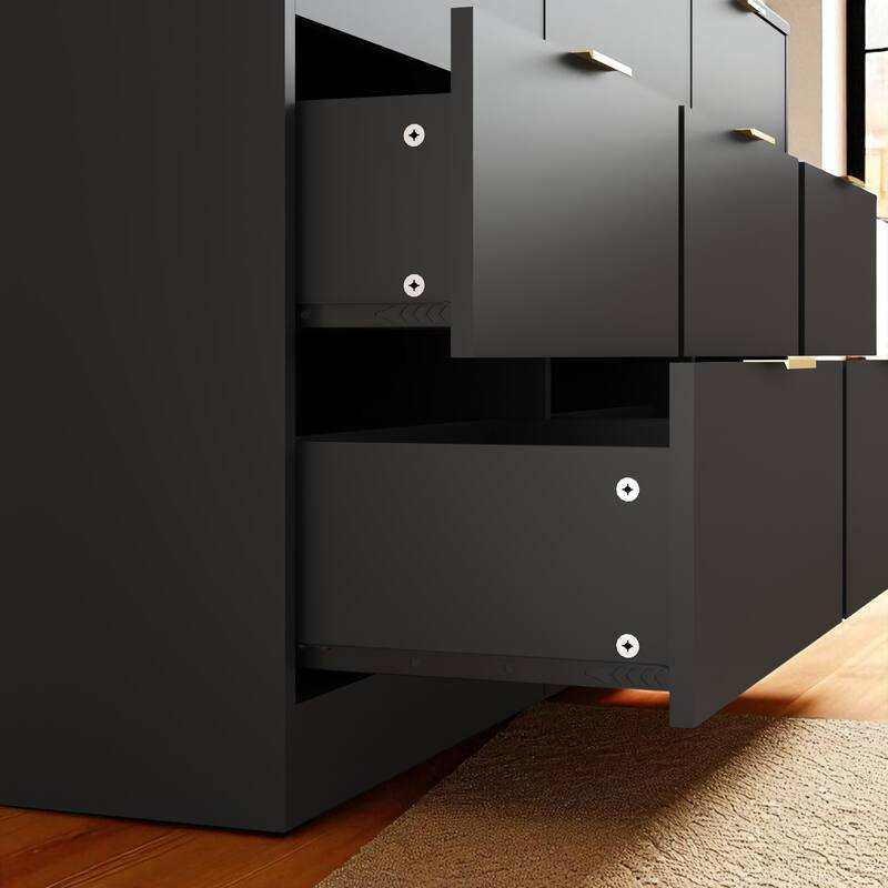 9 Drawer Dresser, 63" Wide Wooden Storage Cabinet with Golden Handles, Large Chest of Drawers for Bedroom and Hallway