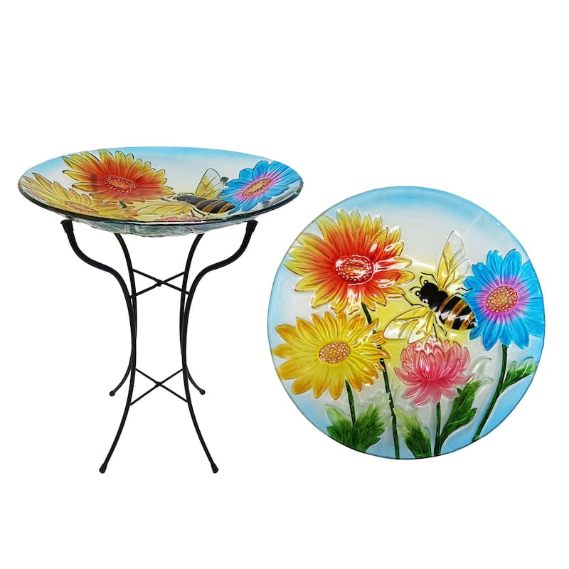 18" Glass Birdbath w/ Flowers & Bee w/ Metal Stand