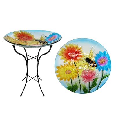 18" Glass Birdbath w/ Flowers & Bee w/ Metal Stand