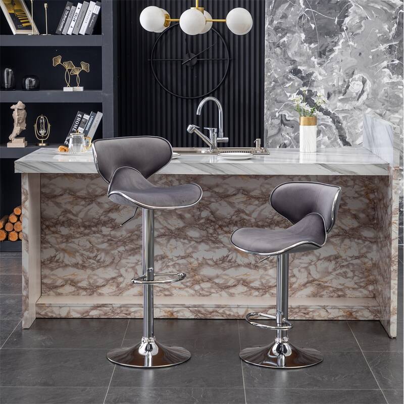 Velvet Upholstered Adjustable 360 Degree Swivel Barstool (Set of 2) - Grey