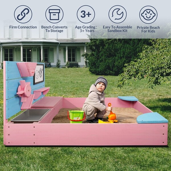 BELLEZE Kids Wooden Sandbox Outdoor Sandpit for Backyard - Bed