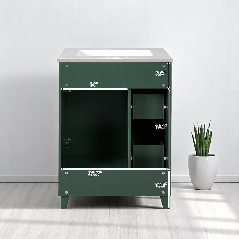 24" Bathroom Vanity with Ceramic Sink, 2 Drawers, Soft-Close Door, Freestanding Cabinet for Small Spaces, MDF and Wood