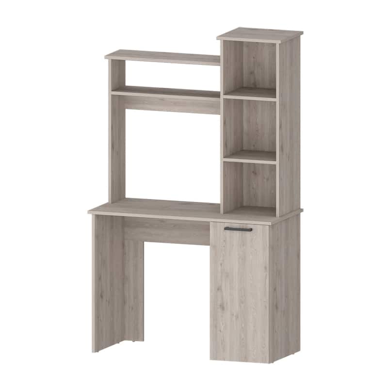 Wood Computer Desk with Hutch, Bookcase and 3-Tier Storage Shelves - Grey