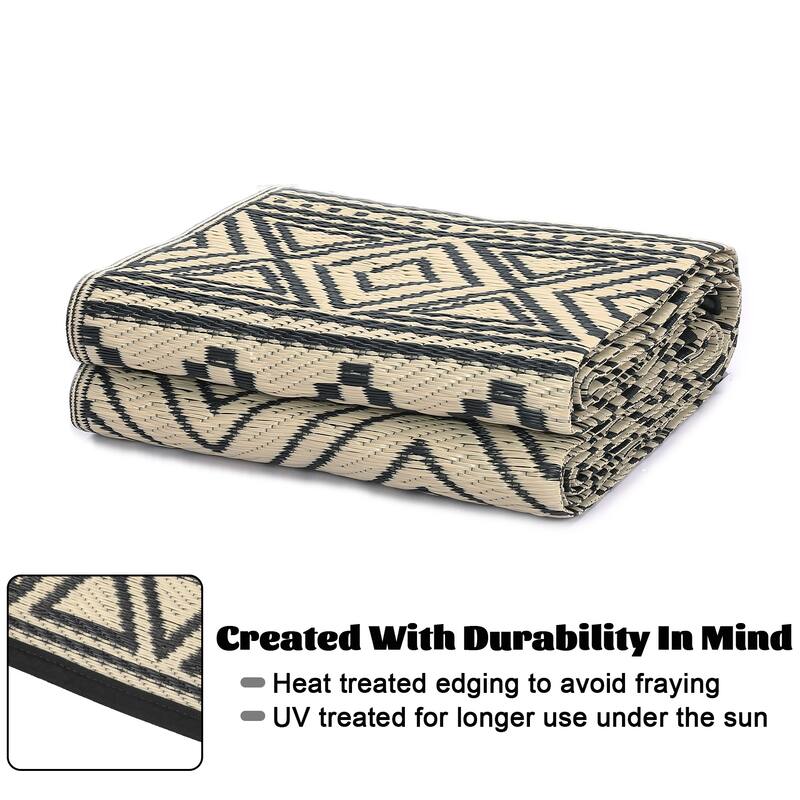 Outdoor Rug Waterproof Patio Rug Mat Geometric Rug Plastic Straw Outside Rug for RV Camping Picnic Reversible Rug