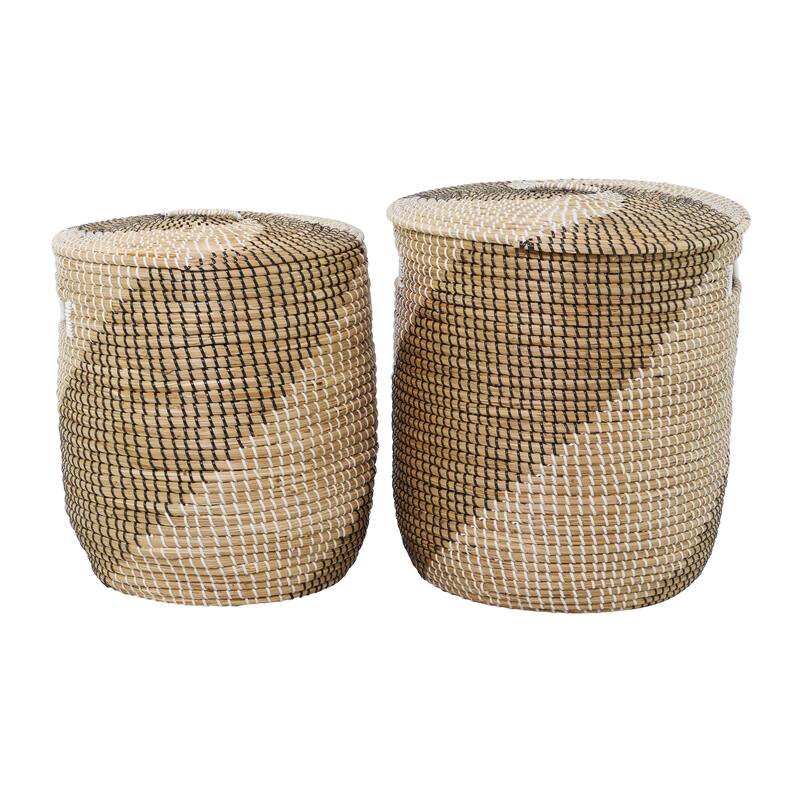 Brown Seagrass Handmade Two Toned Decorative and Functional Storage Basket with Matching Lids (Set of 2)