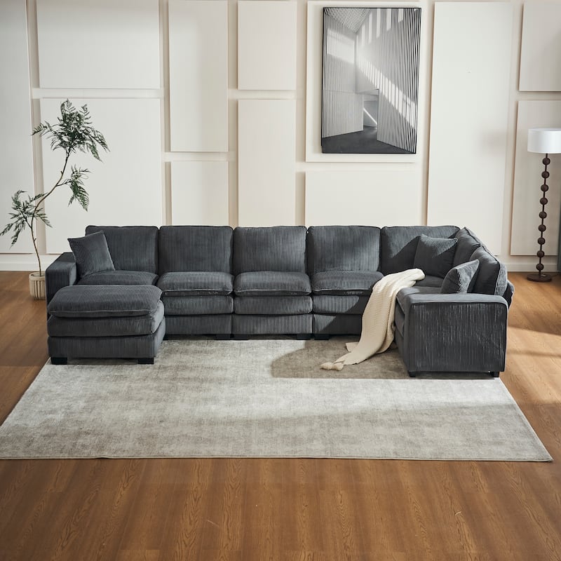 Modern U-Shaped 6-seat Modular Sectional Sofa with 1 Ottoman & 3 Toss Pillows - Grey