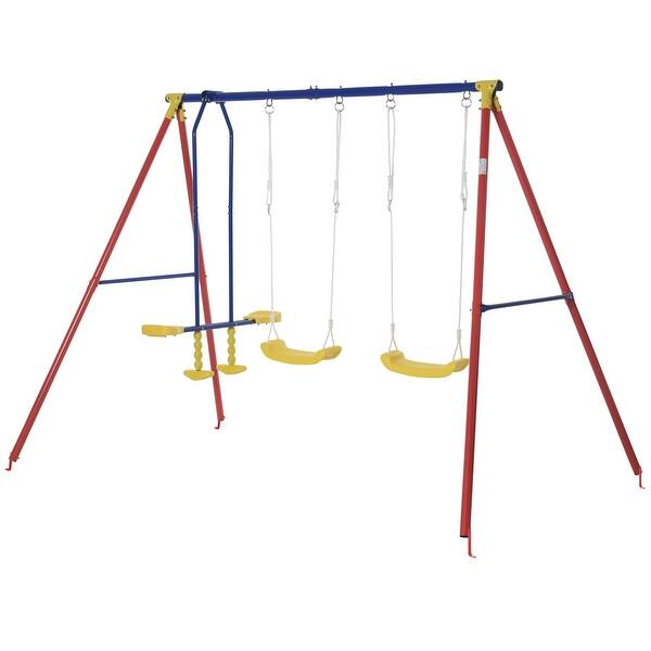 slide 2 of 8, Outsunny Metal Swing Set with Glider, Two Swing Seats and Adjustable Height, Outdoor Heavy Duty A-Frame - Multicolor Multicolor