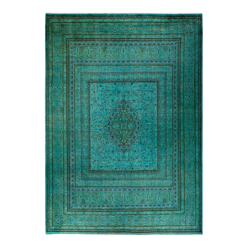 Overton Hand Knotted Wool Vintage Inspired Modern Contemporary Overdyed Green Area Rug - 9' 10" x 14' 3"