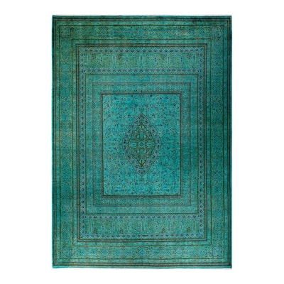 Overton Hand Knotted Wool Vintage Inspired Modern Contemporary Overdyed Green Area Rug - 9' 10" x 14' 3"