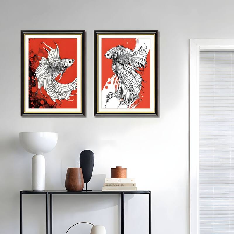 Set of 2 Betta Fish Canvas Wall Art - Interchangeable Prints with Solid Wood Frames, Modern Aquatic Artwork for Dining Room
