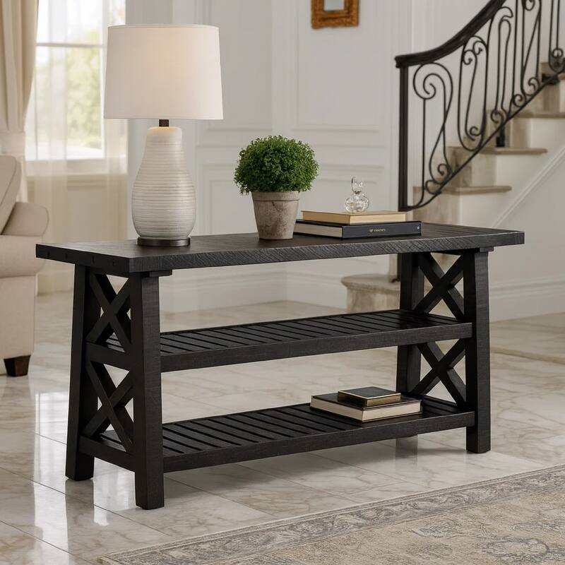 Slatted Two Tier Console table with Cross Side Panels, Rustic Cafe Brown
