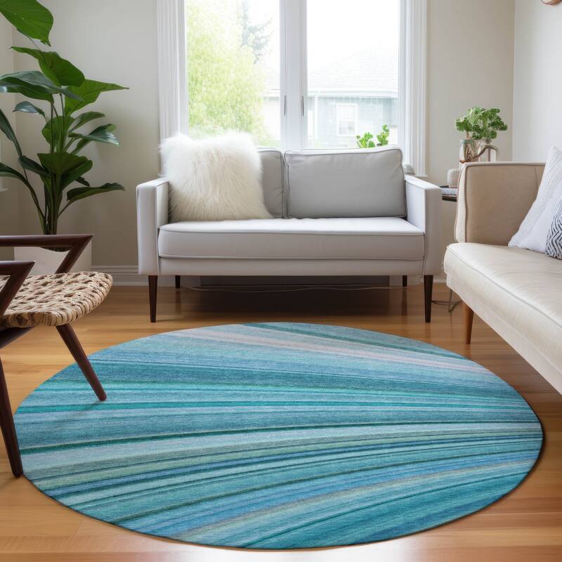 Machine Washable Indoor/ Outdoor Chantille Modern Burst Rug - Teal - 8' x 8'