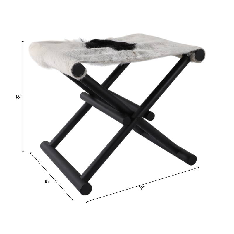 Foldable Backless Cowhide Storage Stool with Solid Wood Frame